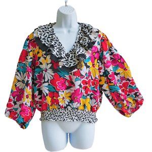 Vintage 80s Assorti for Susan Freis Blouse Mixed Floral Animal Balloon Sleeves L